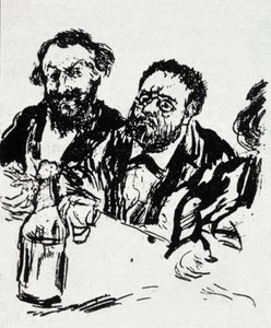 Der Maler Edouard Manet und der Schriftsteller Emile Zola am Tisch. Karikatur von Jean Francois Raffaelli von Jean Francois Raffaelli