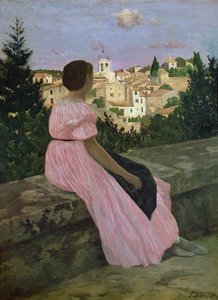 Das rosa Kleid, oder Blick auf Castelnau-le-Lez, Herault, 1864 von Jean Frederic Bazille