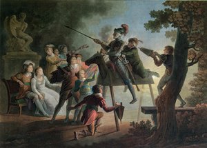 Don Quixote und Sancho Panza auf einem Holzpferd