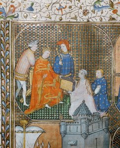 Historiker Froissart auf den Knien, in geistlicher Kleidung, präsentiert seine Chroniken des Hundertjährigen Krieges an Edward III
