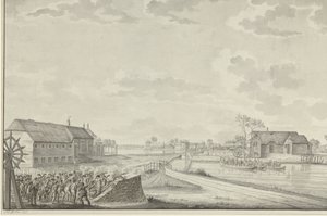 Angriff der Preußen unter Oberst Van Borstel auf die Duivendrechtse Brücke, 1. Oktober 1787 von Jean George Teissier (signed by artist)