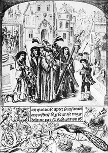 Fabelhafter Ursprung des Burgunderkreuzes, Etienne, ein legendärer König von Burgund, pilgert zu St. Victor von Marseille, dem er das Kreuz des heiligen Andreas aus Dankbarkeit zu St. Maria getragen hat