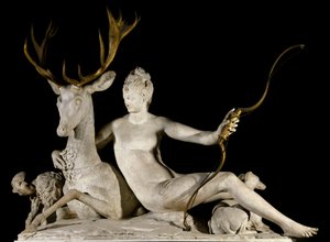 Diana Jägerin und der Hirsch Das Modell war Diane de Poitiers, Herzogin von Valentinois (1499-1566) und geplant für den Brunnen des Schlosses von Anet. Skulptur von Jean Goujon (1510-1565) 16. Jahrhundert. Paris, Louvre Museum von Jean Goujon