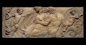 Nymphe und kleiner Genie reiten auf einem Meerespferd; Nymphe und Triton umgeben von zwei kleinen Genies (Steinskulptur) von Jean Goujon