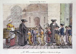 Altes Straßenhandwerk in Paris: die Brüder bringen die Kinder zu Saint Nicolas des Champs (Saint-Nicolas-des-Champs), katholische Schule - Gravur von Jean Henry Marlet (1771-1847) in „Les Tableaux de Paris“, Serie von 72 Drucken, späte 19. Jahrhundert