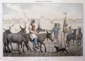 Altes Straßenhandwerk in Paris: Eselsmilchhändler - Gravur von Jean Henry Marlet (1771-1847) in „Les Tableaux de Paris“, Serie von 72 Drucken, Ende des 19. Jahrhunderts