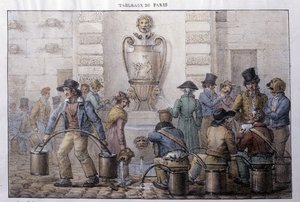 Ehemalige Straßenberufe in Paris: Wasserträger vor einem Brunnen. Gravur von Jean Henry Marlet (1771-1847) in „Les Tableaux de Paris“, Serie von 72 Drucken, späte 19. Jahrhundert