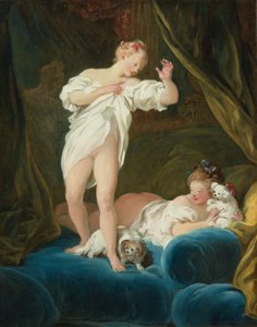 Zwei Mädchen auf einem Bett spielen mit ihren Hunden von Jean Honore Fragonard