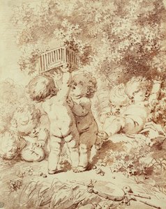 Sechs Putti beim Spielen, zwei halten einen Käfig hoch von Jean Honore Fragonard