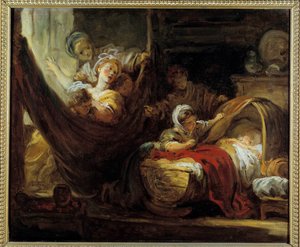 Die Wiege. Eine Mutter in einer Hängematte, umgeben von ihren Töchtern und einem Säugling in einem Korb von Jean Honore Fragonard