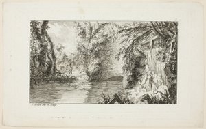 Landschaft mit einem Spaziergänger und einem Wasserfall, Platte 5 aus der zweiten Suite Livre de paysages (Buch der Landschaften) von Jean Hoüel