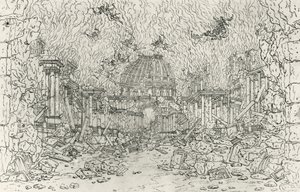 Zerstörung des Gebäudes, Skizze von Jean Berain, für Armide, von Jean-Baptiste Lully, Frankreich