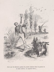 Als die letzten Körner Pulver in die Hand seiner geschwärzten Hand fallen, ein prächtiger Hase...