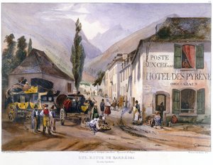 Ankunft und Reparatur einer Postkutsche in Luz auf dem Weg nach Barreges, ca. 1840