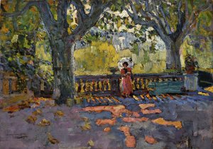 Junge Frau mit Regenschirm auf der schattigen Terrasse. Gemälde von Jean-Jacques Roque