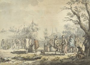 Tanzende Bauern und Zuschauer bei einem Dorf