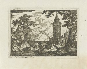 Turm und Steinbrücke in einer Berglandschaft