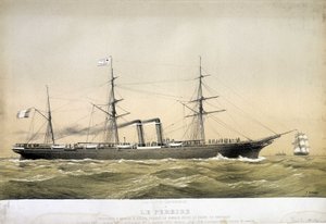 Der Pereire-Dampfer und Propeller, der zwischen Le Havre und New York und 1868 zwischen Brest und New York verkehrte. "Der Pereire" wurde 1864 in Glasgow gebaut. Er gehört zur Compagnie Générale Transatlantique von Emile Pereire. von Jean Jules Koerner