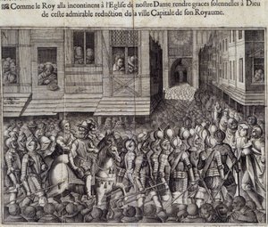 Einzug von Heinrich IV. (1553 - 1610) in Paris am 22. März 1594 und Gang zur Kathedrale Notre Dame zur Messe - Gravur von Jean Lecler, nach Bollery, Musée de Notre Dame de Paris