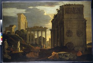 Capriccio-Ansicht mit Figuren bei einem Triumphbogen und den Tempeln des Saturn und Jupiter Tonans