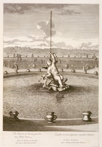 Brunnen mit Amor, der einen Wasserstrahlpfeil abschießt, entworfen von Louis Lerambert, in Versailles, 1677