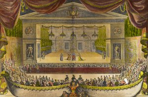 Darstellung des eingebildeten Kranken in Versailles. Aufführung des Stücks von Jean Baptiste Poquelin, genannt Molière, vor der Grotte von Thetis in den Gärten von Versailles in Anwesenheit von König Ludwig XIV.