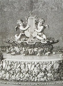 Zwei Cupidos halten eine Lyra, ein Brunnen in Versailles