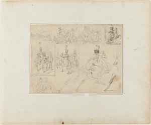 Blatt mit Skizzen: Kavalleriegefechte und berittene Soldaten von Jean Louis André Théodore Géricault