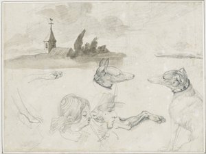 Blatt mit Skizzen: Windhunde; Ein männlicher und ein weiblicher Kopf von Jean Louis André Théodore Géricault