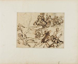 Blatt mit Skizzen: Lanzenreiter, kämpfende Nackte, andere Themen von Jean Louis André Théodore Géricault
