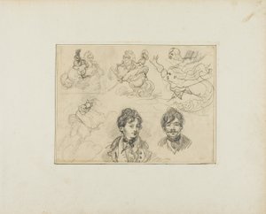 Blatt mit Skizzen: Reiter, Meerjungfrauen und zwei Porträts junger Männer von Jean Louis André Théodore Géricault