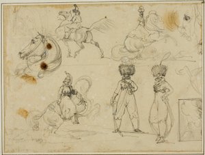 Blatt mit Skizzen: Soldaten, Pferde und eine Landschaft von Jean Louis André Théodore Géricault