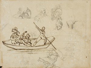 Skizzen einer musikalischen Bootsfahrt und einer Frau mit hohem Hut von Jean Louis André Théodore Géricault