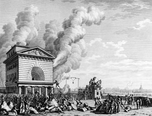 Französische Revolution: Brand der Barriere der Konferenz in Paris am 12. Juli 1789. Gravur von Berthaut nach Prieur von Jean Louis II (after) Prieur