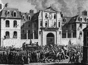 Französische Revolution: Plünderung des Hauses Saint Lazare in Paris am Montag, den 13. Juli 1789 durch die Revolutionäre. Gravur von Berthaut nach Prior. Paris, Bibliothek des Instituts für Revolutionsgeschichte. von Jean Louis II (after) Prieur