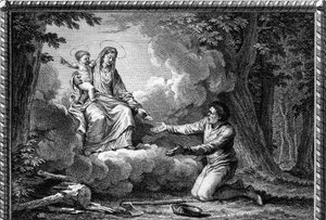 Die Jungfrau erscheint dem Zimmermann in der Nähe von Puy-en-Velay und gibt ihm eine Medaille und befiehlt ihm, für den Frieden zu arbeiten: Dies ist der Ausgangspunkt des Treve de Dieu, der 1044 eingerichtet wurde. Gravur von Jean Michel the Younger (after) Moreau