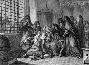 Abelard und Heloise: Heloise nimmt den Schleier in der Abtei der Frauen von Argenteuil. Gravur von Jean Michel Moreau, genannt Moreau le Jeune.