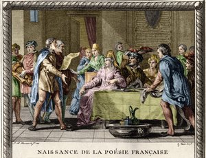 Geburt der französischen Poesie: Troubadoure, gefolgt von Gauklern und Minnesängern, rezitieren die ersten Gedichte auf Französisch während der Festlichkeiten unter den Adligen im 12. Jahrhundert. Gravur von Moreau le Jeune von Jean Michel the Younger Moreau