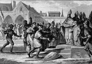 Karl III. der Einfältige (879-929) wird 892 von Foulques, Erzbischof von Reims, wieder auf den Thron von Frankreich gesetzt. Gravur von Jean Michel Moreau, genannt Moreau le Jeune (1741-1814) von Jean Michel the Younger Moreau