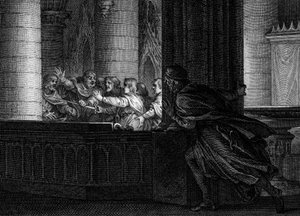 Verschwörung gegen Karl den Großen, 792: Ein Herr überrascht das Gespräch zwischen Verschwörern, die den Mord am König der Franken planen. Unter ihnen Pepin der Bucklige (769-811), Sohn von Karl dem Großen. Gravur von Jean Michel Moreau, genannt Moreau le 