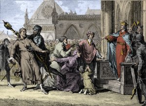 Dagobert I., König der Franken, versucht die königliche Autorität in Burgund durchzusetzen, indem er die Beschwerden der Einwohner gegen ihre Herren anhört. Gravur von Jean Michel Moreau, genannt Moreau le Jeune von Jean Michel the Younger Moreau