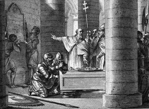 Fulrade, der große Kaplan von Pippin dem Kurzen, überreichte Papst Stephan II. die Schlüssel zu fünfzehn Städten, die von den Langobarden erobert wurden und die Grundlage des päpstlichen Staates bilden sollten (755). Auf ihren Knien, die beiden Söhne von P