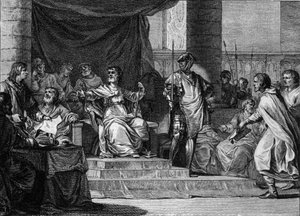 Imaginäre Darstellung der Herrschaft der merowingischen „faulen Könige“: Chlodwig III. (682-695), Childebert III. (683-711) und Dagobert III. (ca. 697-715) schlafen und sitzen hinter dem Bürgermeister des Palastes, Pippin der Jüngere oder Herstal (ca. 653-