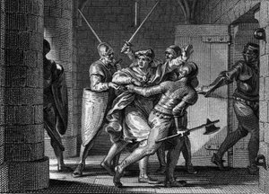 Gefangennahme von Karl III. dem Einfältigen (879-929), 923: In der Annahme, bei Herbert von Vermandois Zuflucht zu finden, wurde der ehemalige König der Franken von diesem verraten und ins Gefängnis geschickt. Gravur von Jean Michel Moreau, genannt Moreau  von Jean Michel the Younger Moreau