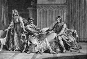 Ludwig der Dicke (1081-1137) zeigt seinem Vater, Philipp I. (1052-1108), den Brief, in dem er angeblich den König von England aufforderte, Ludwig zu ermorden. Bertrade de Montfort (ca. 1070-1118), die Frau von Philipp und angebliche Autorin des Briefes, is
