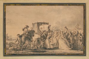 Marie Antoinette, die aus ihrer Kutsche steigt und von ihrem Gefolge umgeben ist, tröstet einen Bauern von Jean Michel the Younger Moreau