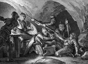 Vereinigung des Herzogtums Aquitanien mit der Krone: Ermordung von Waifre (oder Gaifier), Herzog von Aquitanien (767 oder 768). Gravur von Romanet nach Moreau le jeune (1779).