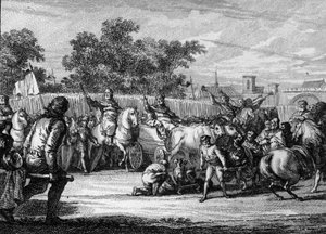 Merowingische Zeit; Ankunft des Königs während eines „Feldes von Mars“. Der König stieg auf einen von Ochsen gezogenen Wagen, Trompeten kündigen seine Ankunft an. An seiner Seite der Bürgermeister des Palastes, reitend mit dem Kommandostab. Gravur von Jean von Jean Michel the Younger Moreau