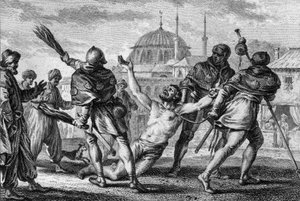 Nerra coots, Graf von Anjou, Pilgerfahrt nach Jerusalem. Er wird nackt, mit einem Seil um den Hals, durch die Straßen der Stadt geschleift, während einer seiner Knappen ihn mit Ruten peitscht und um Gnade von Gott bittet. 11. Jahrhundert. Gravur von Jean M von Jean Michel the Younger Moreau