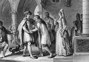 Philipp I. (1052-1108), König der Franken, besucht den Hof des Grafen von Anjou, Foulques le Rechin (1042-1109). Diese Reise dient als Vorwand, um seine Ehe mit Bertrade de Montfort (ca. 1070-1118), der Frau des Grafen, zu arrangieren. 1095. Gravur von Jea